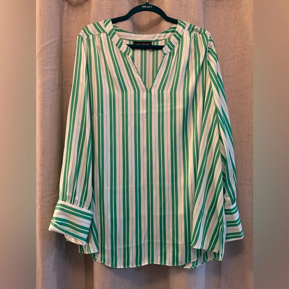 Lane Bryant Size 18/20 Relaxed Satin Collar Blouse. Green and White Stripes. - Picture 2 of 7